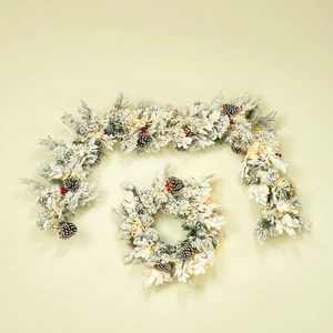 Christmas Wreath Garland Flocked Snow Pine Needles Pine Cones Red Berries LED Warm Lights Indoor Door Wall Decoration