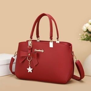 Women Handheld Shoulder Bag PU Leather Litchi Pattern Bowknot Star Pendant Urban Fashion Chic Large Capacity