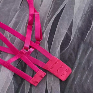 Macro view of adjustable magenta lace harness with silver rings and hook closure