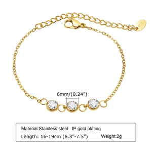 Detail of adjustable gold stainless steel bracelet with three 6mm clear cubic zirconia stones