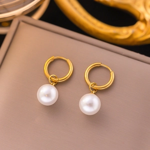 French Vintage Artificial Pearl Drop Hoop Earrings Gold Plated Titanium Steel Minimalist Round Jewelry For Women Elegant