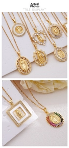 Detailed view of Virgin of Guadalupe pendants with 18k gold plating and zircon inlay