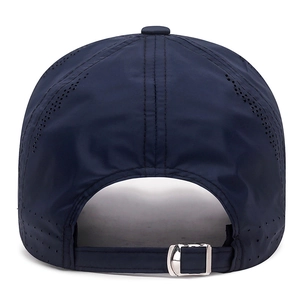 Navy blue quick-dry sports baseball cap with laser-cut holes and metal buckle closure