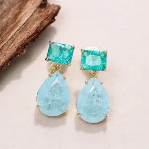 Fashion Copper Gold Plated Teardrop Earrings Zirconia Inlaid Ice Crack Texture Geometric Jewelry With 925 Silver Post For Women