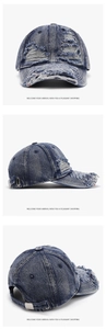 Detailed views of vintage distressed denim baseball cap with torn fabric and metal buckle
