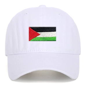 Close-up of Palestinian flag embroidery on white cotton vintage baseball cap detail