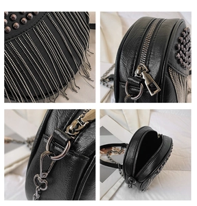 Detailed views of punk style round crossbody bag with metal studs and tassel chains