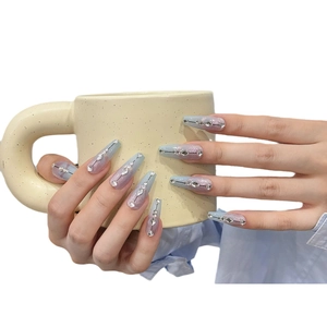 Blue-purple gradient coffin press-on nails with sparkling glitter and rhinestones