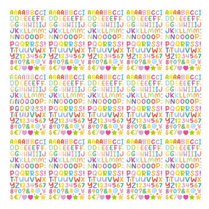 Detail view of 15 sheets featuring colorful alphabet and number stickers in a neat grid layout
