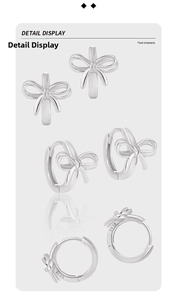 Detailed views of S925 sterling silver bow earrings with visible material hallmarks
