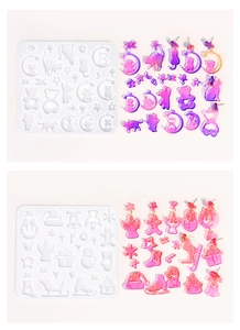 Detail view of silicone earring molds showing Christmas trees, snowflakes, and cat patterns