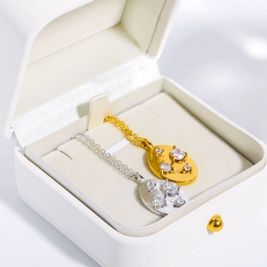 Close-up of gold and silver irregular oval zircon necklaces set in a white jewelry box