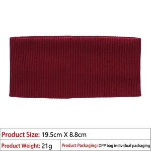 Detailed view of burgundy ribbed knit headband showing 19.5cm x 8.8cm product dimensions