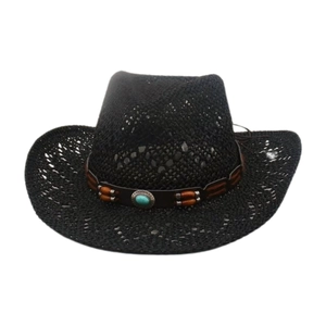 Cappello da cowboy da spiaggia nero intrecciato con pietra turchese e perle di legno