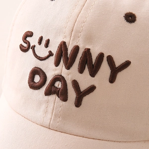 Beige cotton canvas baseball cap for kids with brown Sunny Day 3D embroidery detail
