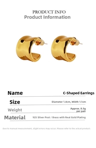 Detail view of gold C-shaped earrings with size specifications and 925 silver needle material
