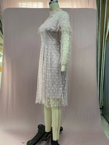 Detailed side view of pink polka dot mesh dress with ruffled neckline and sheer sleeves