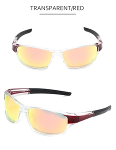 Detail view of sport sunglasses with transparent red frame and UV400 orange lenses