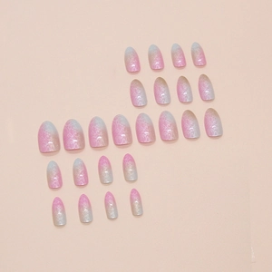 24-piece gradient press-on nails with elegant white floral patterns and almond shape
