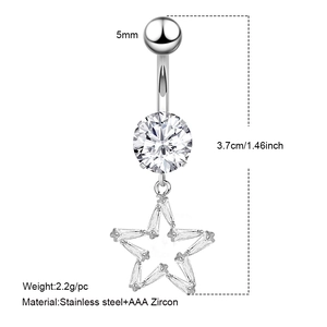 Silver stainless steel belly button ring with AAA zircon dangling leaves and star charms
