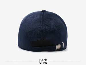 Detailed back view of navy corduroy baseball cap with adjustable matte metal buckle