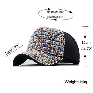 Black baseball cap with colorful rhinestones and pearls for women sun protection