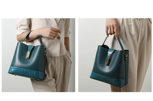 Detail of teal pebbled leather bucket bag with crocodile texture and gold hardware