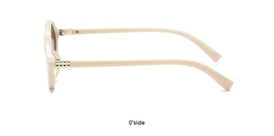 Side view of beige oval sunglasses featuring gold rivet detail and vintage frame design