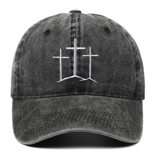 Three Crosses Embroidery Washed Cotton Baseball Cap Retro Adjustable Peaked Hat Casual Outdoors Sunshade