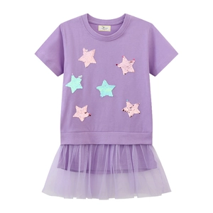 Kurzärmeliges lila Mädchenkleid mit Paillettensternen und Tüllrock aus Mesh-Stoff