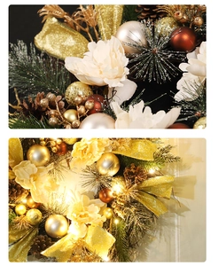 Detailed macro view of Christmas wreath featuring golden bows, pine cones, and LED lights