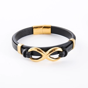 Bracciale da uomo in pelle nera con simbolo infinito dorato e chiusura magnetica in metallo