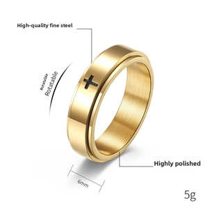Macro detail of 6mm gold stainless steel spinner ring with black cross patterns