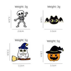 Set of four cute Halloween enamel pins featuring pumpkin, ghost cat, owl and skeleton