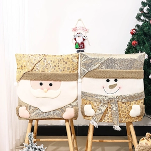 Christmas Chair Back Covers Sequin Plush Santa Snowman Reindeer Design Dining Room Party Festive Ornament Golden Theme
