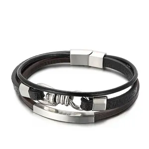 Bracelet En Cuir Multicouche Pour Hommes Fermoir Magnétique En Acier Inoxydable Cuir De Vache Tissé Punk Vintage Rétro Accessoires Cadeau
