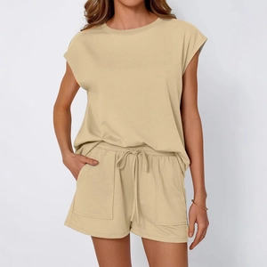 Women's summer two-piece lounge set with crewneck t-shirt and drawstring shorts in khaki