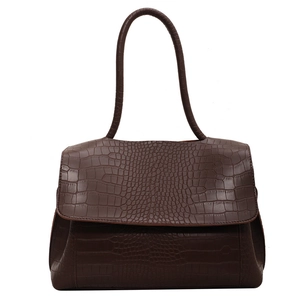 Deep brown crocodile pattern tote bag with top handle and magnetic flap closure for women