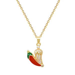 Elegant gold titanium necklace with red chili pepper pendant and sparkling crystals