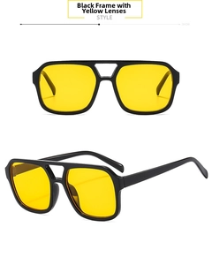 Close-up of retro square pilot sunglasses with black frame and yellow lenses from two angles