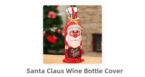Détail du cache-bouteille de Noël avec imprimé Père Noël et nœud en ruban doré