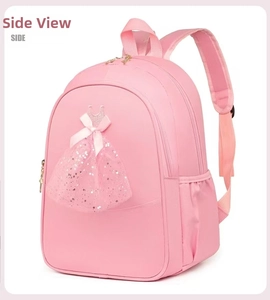 Side view of pink ballet dance backpack with 3D tutu skirt and bow detail for girls