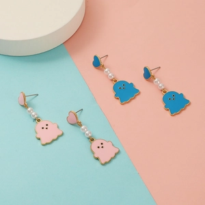 Detail of pink and blue ghost drop oil earrings with pearls for Halloween style