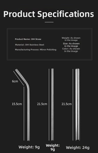 Polished 304 stainless steel drinking straw set with dimensions and mirror finish details