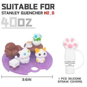 Detail of 40oz purple glitter cup topper with cat miniatures and white paw straw cover