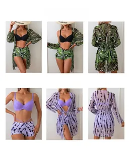 Dreiteiliges Bikini-Set mit High-Waist-Shorts und langärmeligem Sonnenschutz-Überwurf