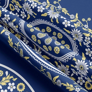 Detailed view of dark blue floral paisley fabric with intricate patterns and elegant folds