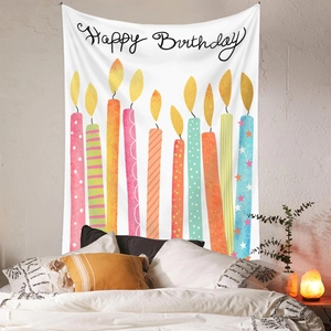 Cozy bedroom setting with a Happy Birthday tapestry featuring colorful hand-drawn candles