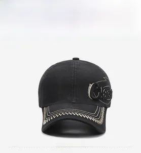 Detailed view of black baseball cap featuring Classic embroidery and jagged edge stitching