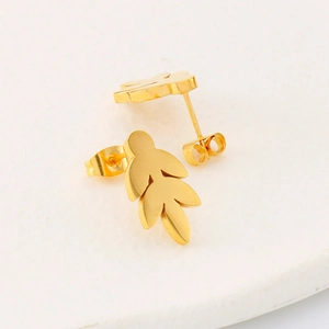 Elegant gold leaf stud earrings in stainless steel with minimalist nature design